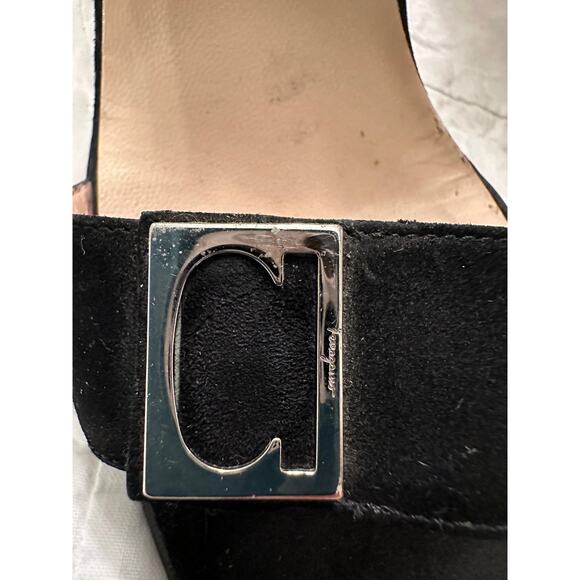 SALVATORE FERRAGAMO SLINGBACK BLACK SUEDE SANDALS WITH LOGO BUCKLE 7N - Picture 4 of 6